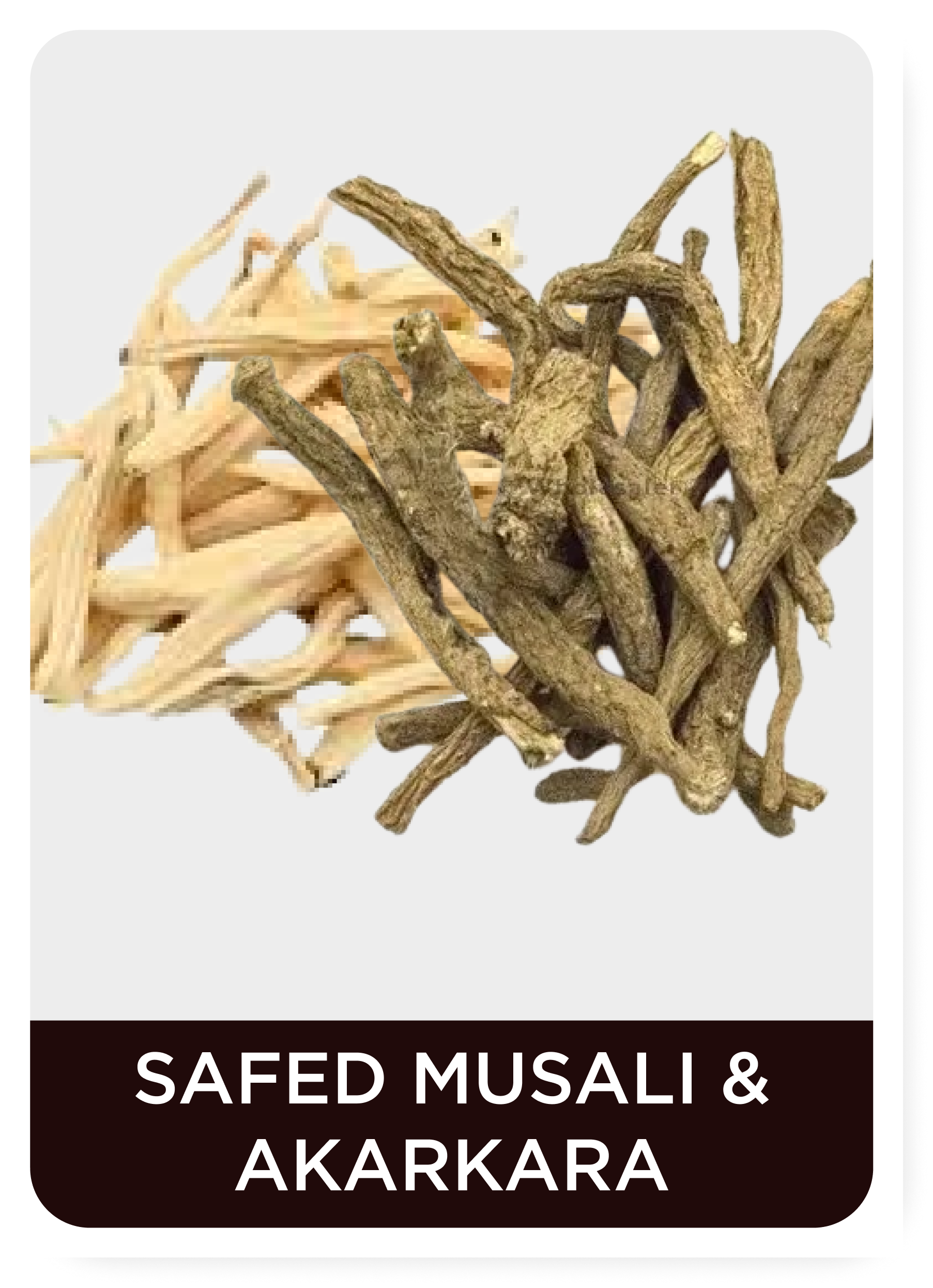Dried roots labeled 'SAFED MUSALI & AKARKARA (White Musli or Indian Spider Plant)' on a white background