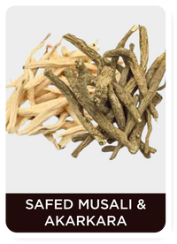 Dried roots labeled 'SAFED MUSALI & AKARKARA (White Musli or Indian Spider Plant)' on a white background