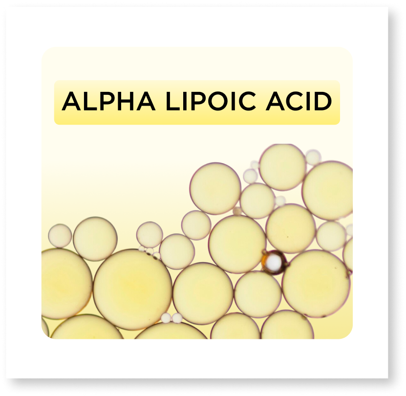 Bubbles with 'Alpha Lipoic Acid' text on a yellow background