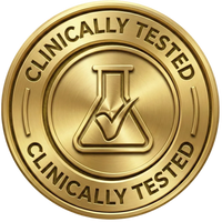 Gold circular badge with 'Clinically Tested' text and a beaker icon on a white background