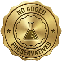 Gold emblem with 'No Added Preservatives' text and a beaker icon on a white background
