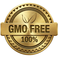 Gold GMO free 100% label on a white background