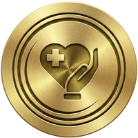 Gold emblem with a heart, hand, and cross symbol for Women's health