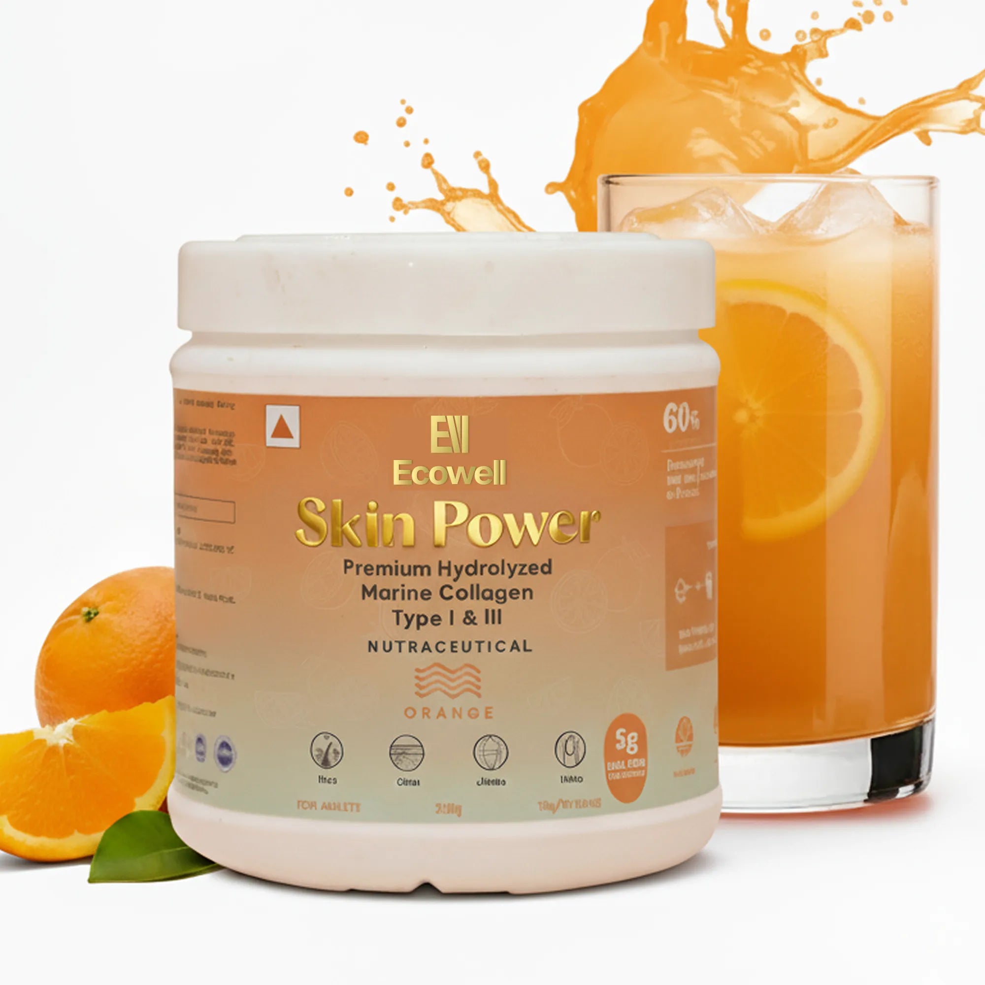 Ecocell Skin Power supplement jar with oranges and a glass of orange juice on a white background