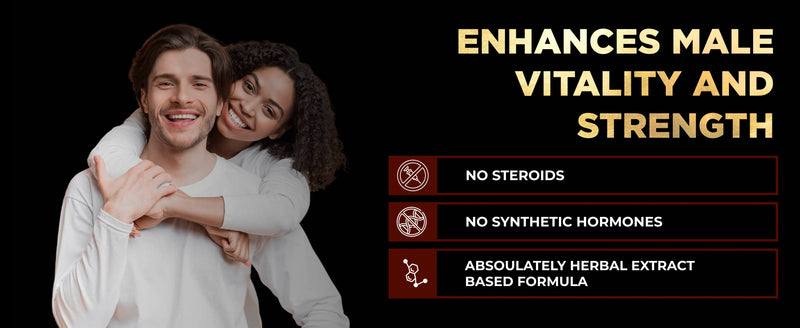 Couple embracing with promotional text about enhancing male vitality and strength on a black background