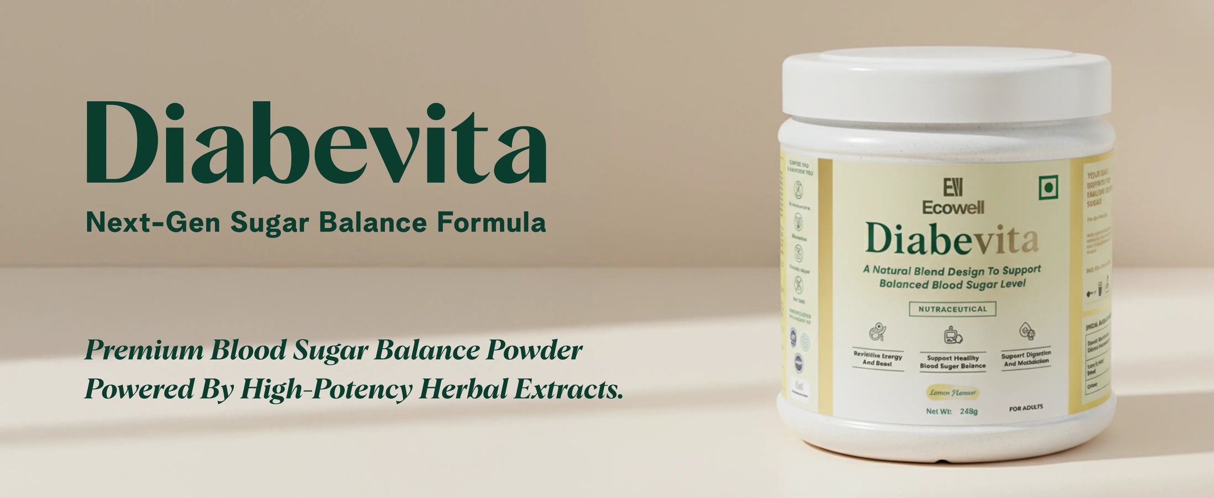 Diabevita premium blood sugar balance powder container on a beige background