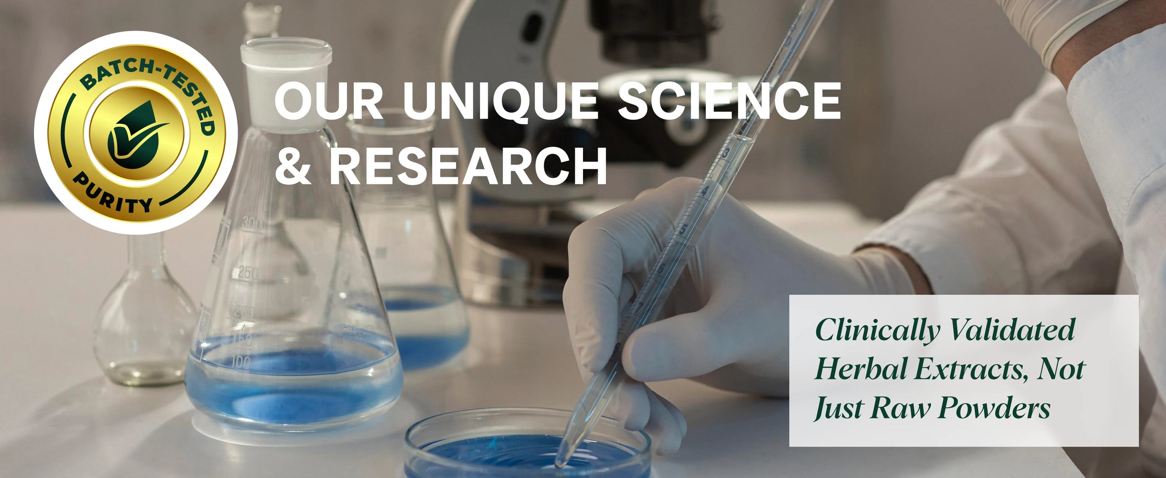 Laboratory setting with scientist working, flasks with blue liquid, and text about unique science and research.