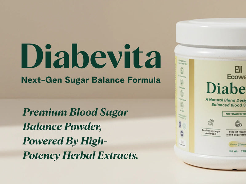 Diabetic supplement container with branding and product description on a beige background