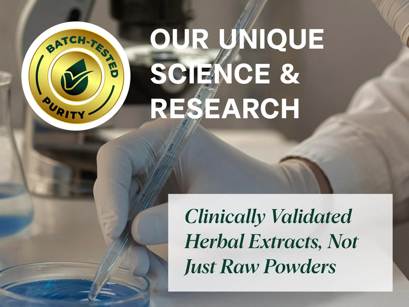 Laboratory setting with a person holding a pipette, Batch Tested Purity logo, and text about clinically validated herbal extracts.