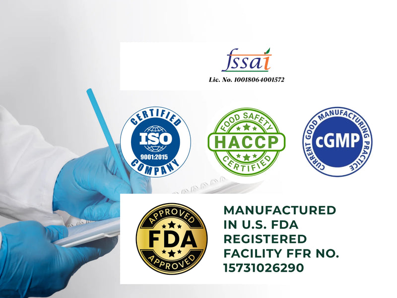 Logos of FSSAI, ISO, HACCP, CGMP, and FDA on a background with a person in a lab coat and gloves holding a test tube.