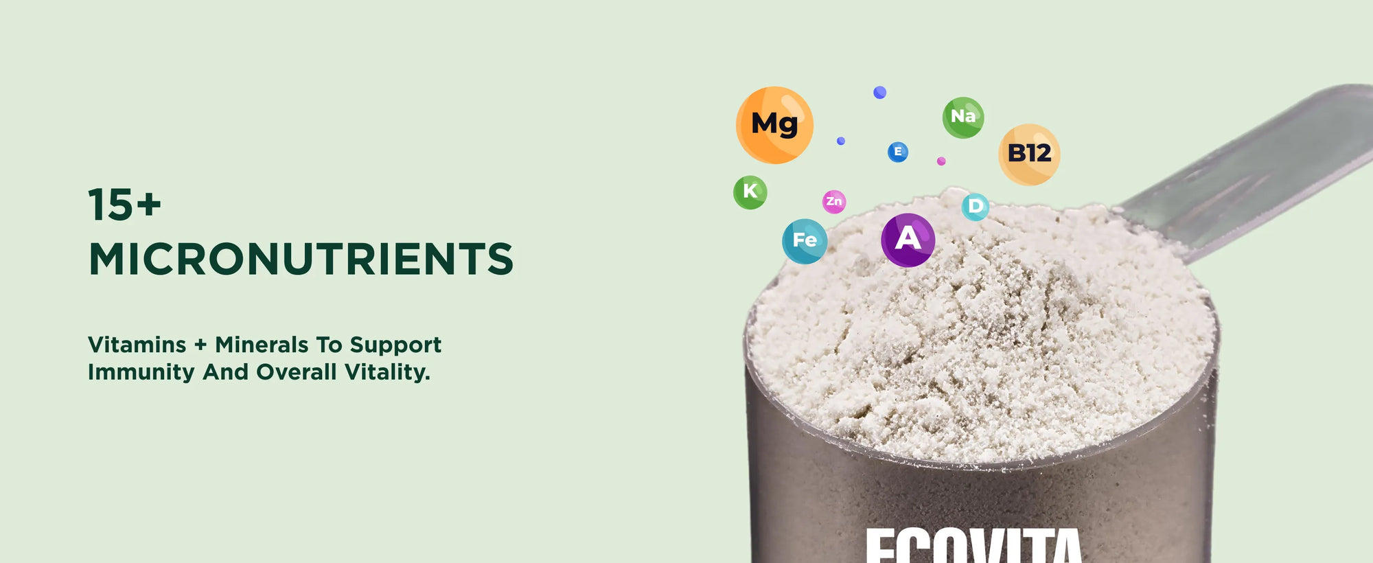 EcoVita protein powder with micronutrient icons and text on a light green background