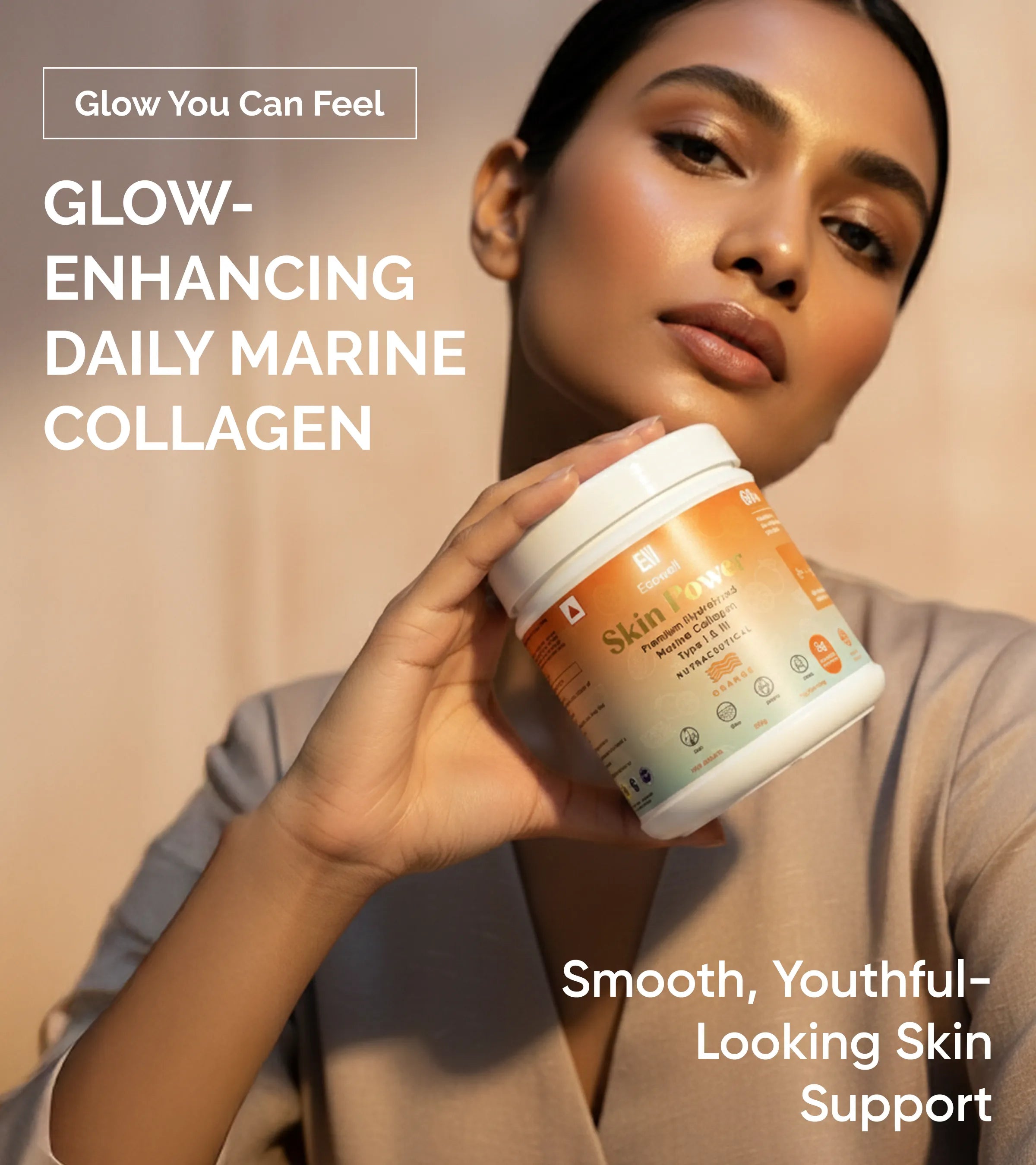 Woman holding a container of marine collagen with promotional text about smooth, youthful-looking skin support.