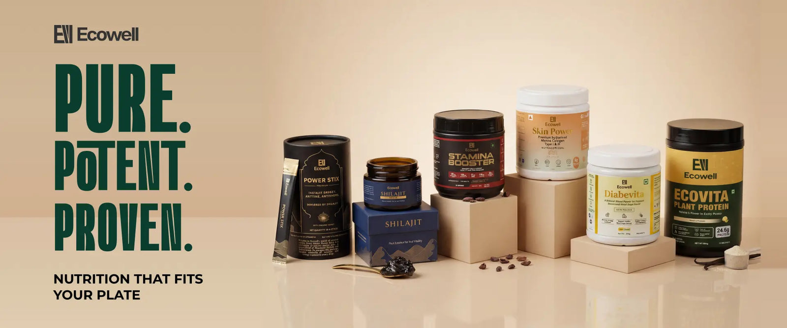 Ecowell health products on a beige background with branding and product display.