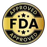 FDA approval logo with gold border and black text