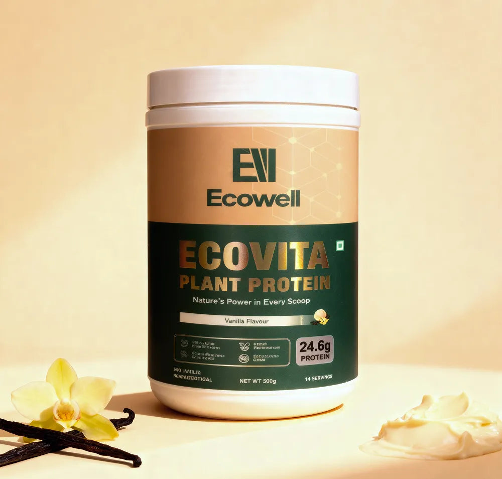 Ecowell Ecovita Plant Protein container on a beige background with vanilla beans and flowers.