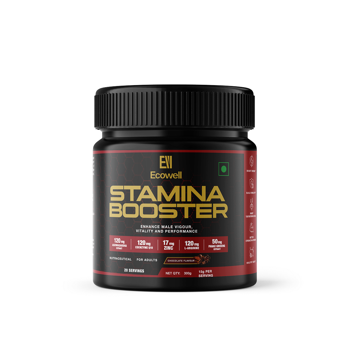 Ecowell Stamina Booster supplement container for men's vitality and energy with herbal extracts and probiotics.