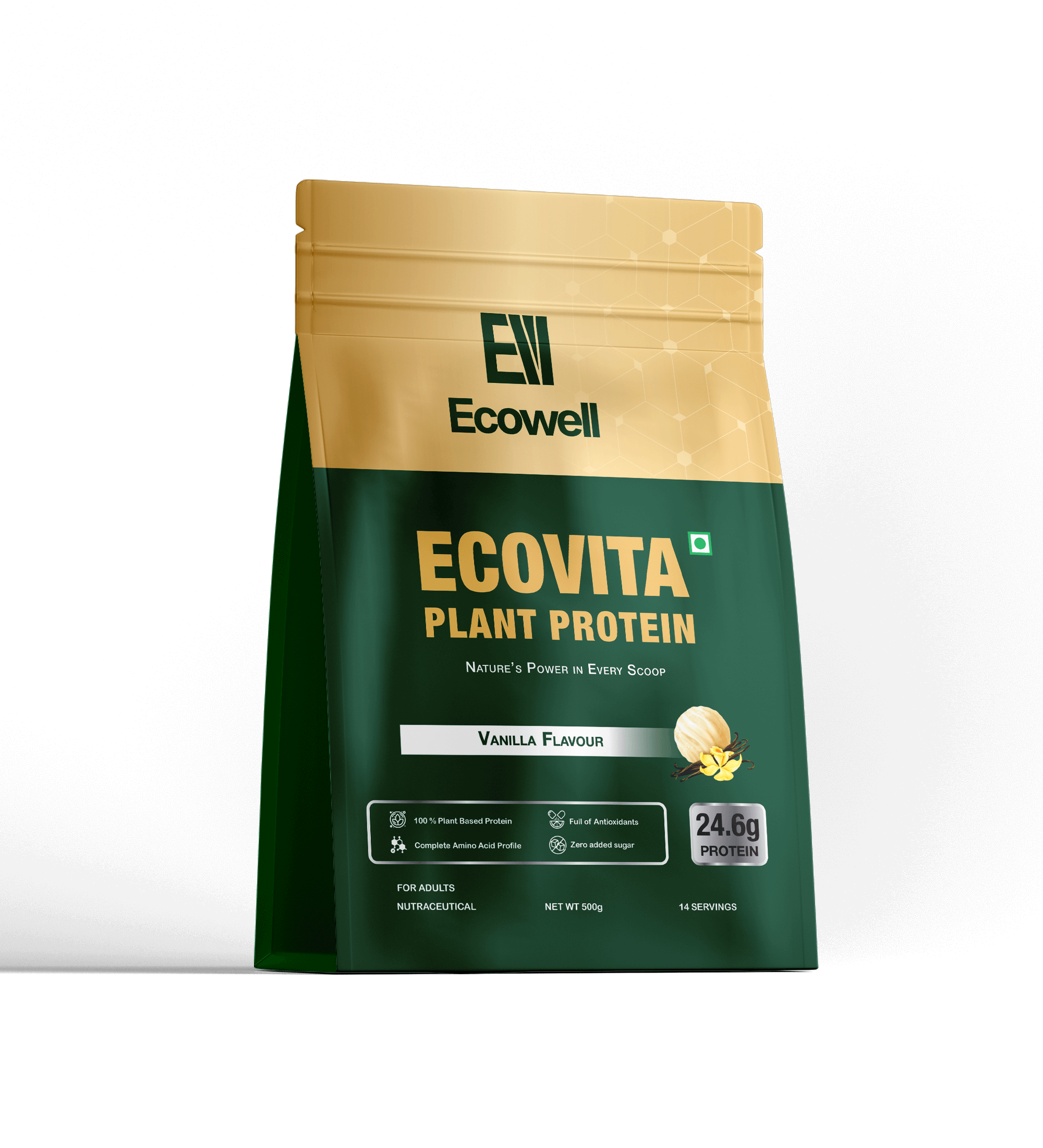 Ecovita plant protein package with Ecowell branding on a white background