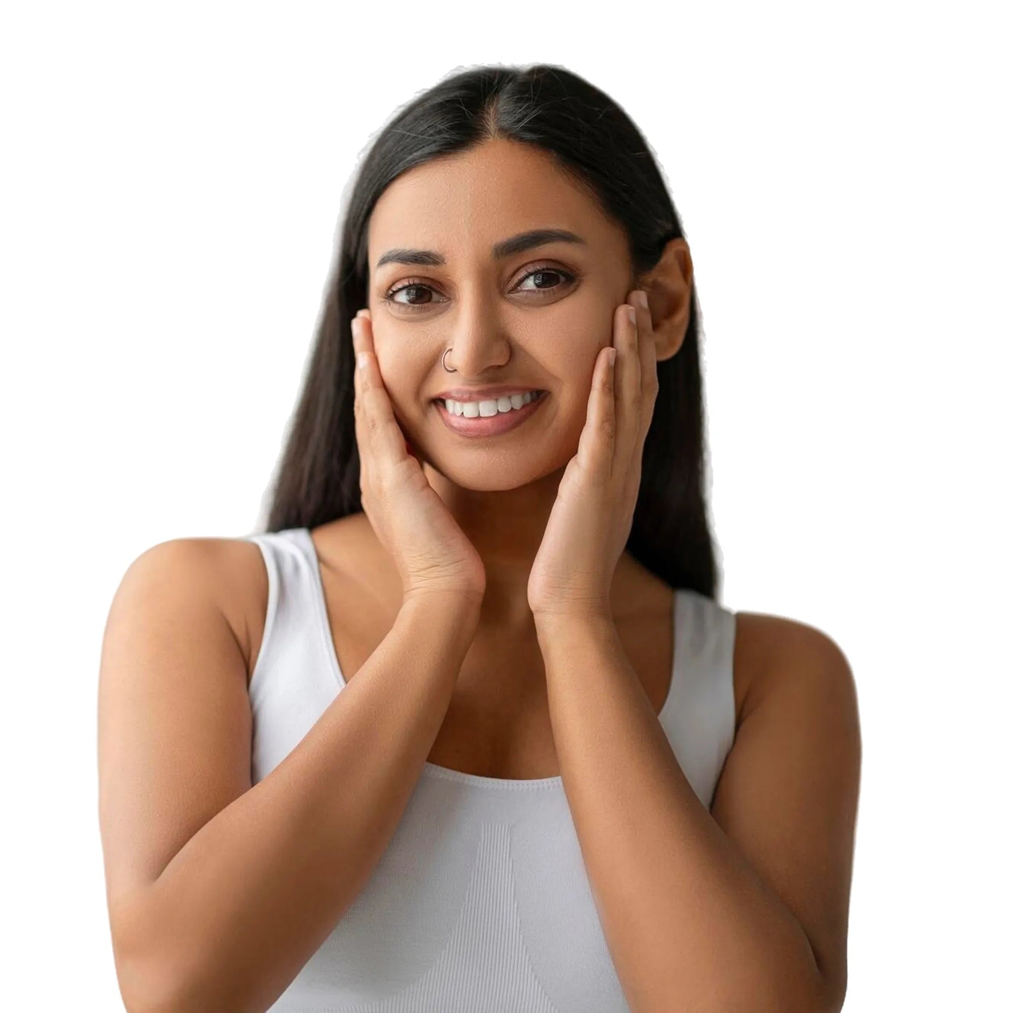 Woman with hands on face against a white background