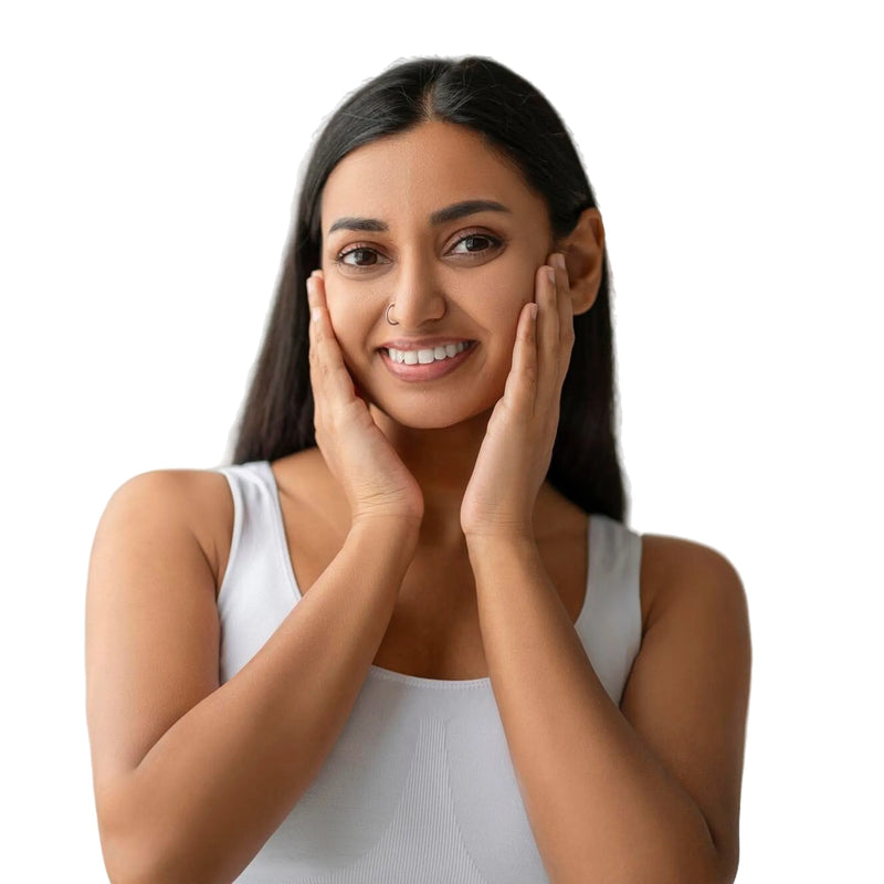 Woman with hands on face against a white background