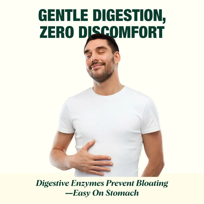 Man with a happy expression holding his stomach, with text about digestive enzymes and comfort.
