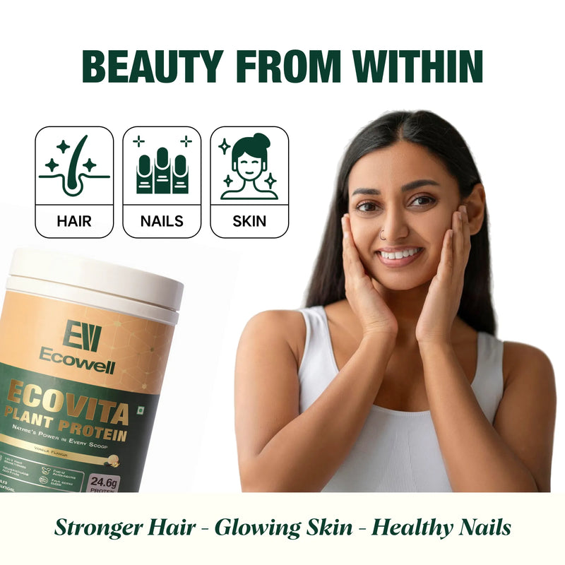 Woman with healthy skin holding her face, next to a container of Ecovita Plant Protein with text about hair, nails, and skin health.