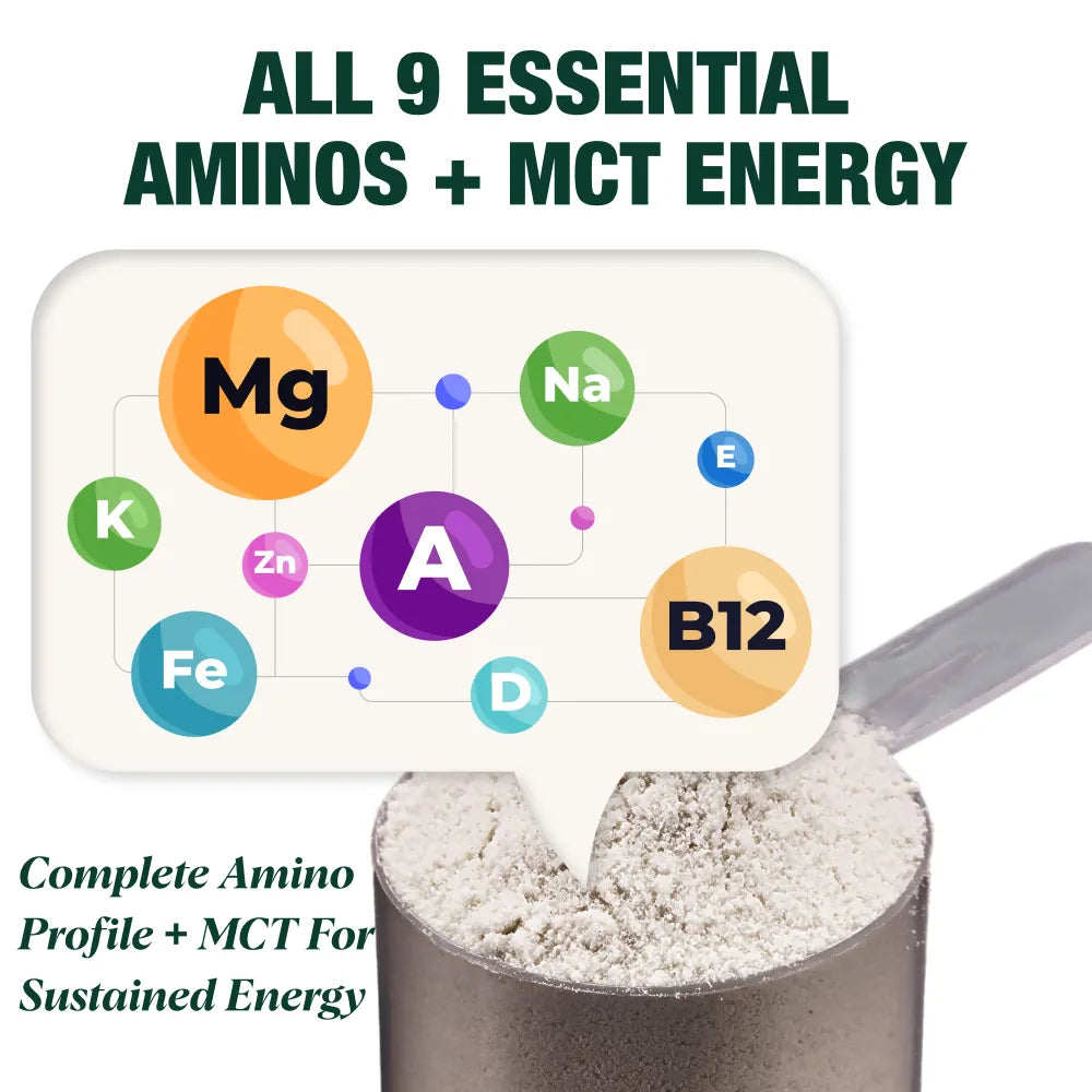 Supplement powder with a scoop and diagram of essential amino acids and minerals on a white background.