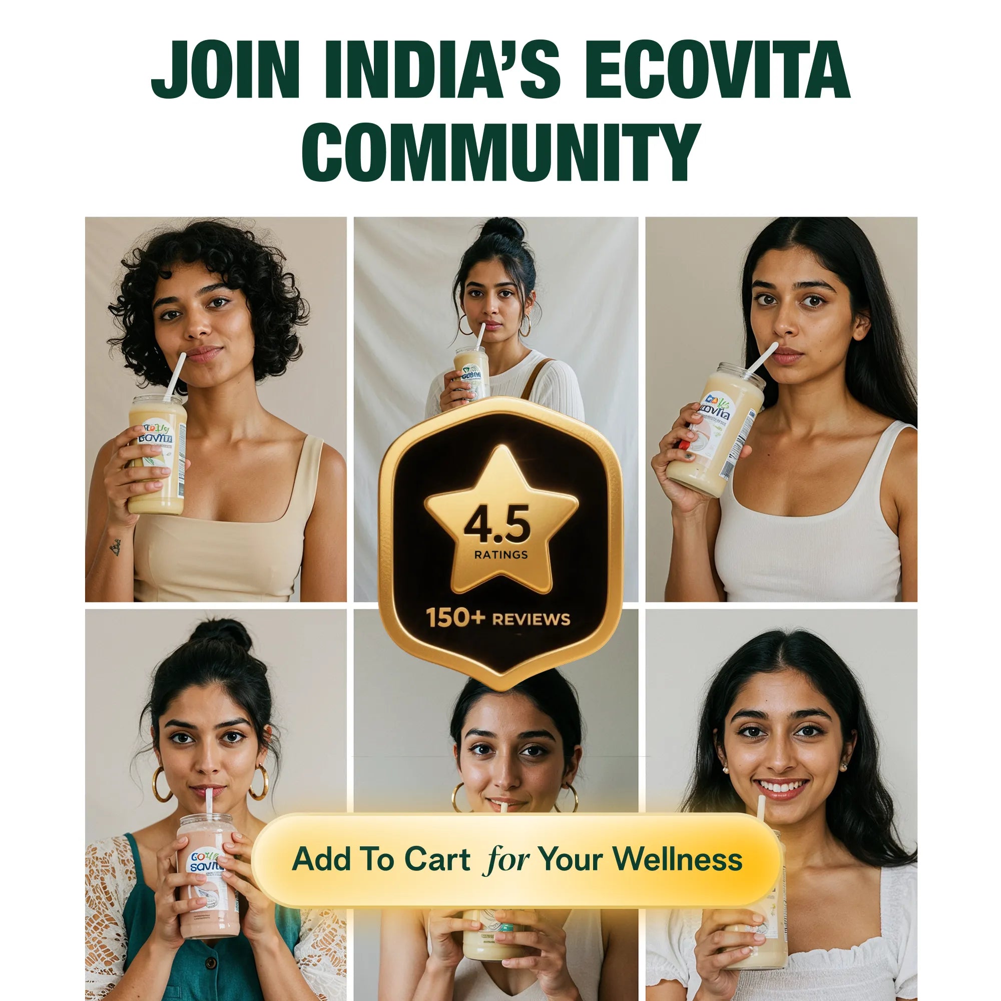 Collage of women holding a product with text promoting Ecovita community and product rating.