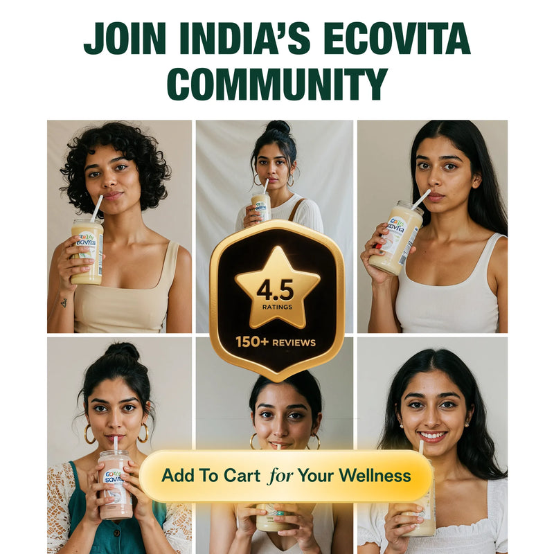 Collage of women holding a product with text promoting Ecovita community and product rating.