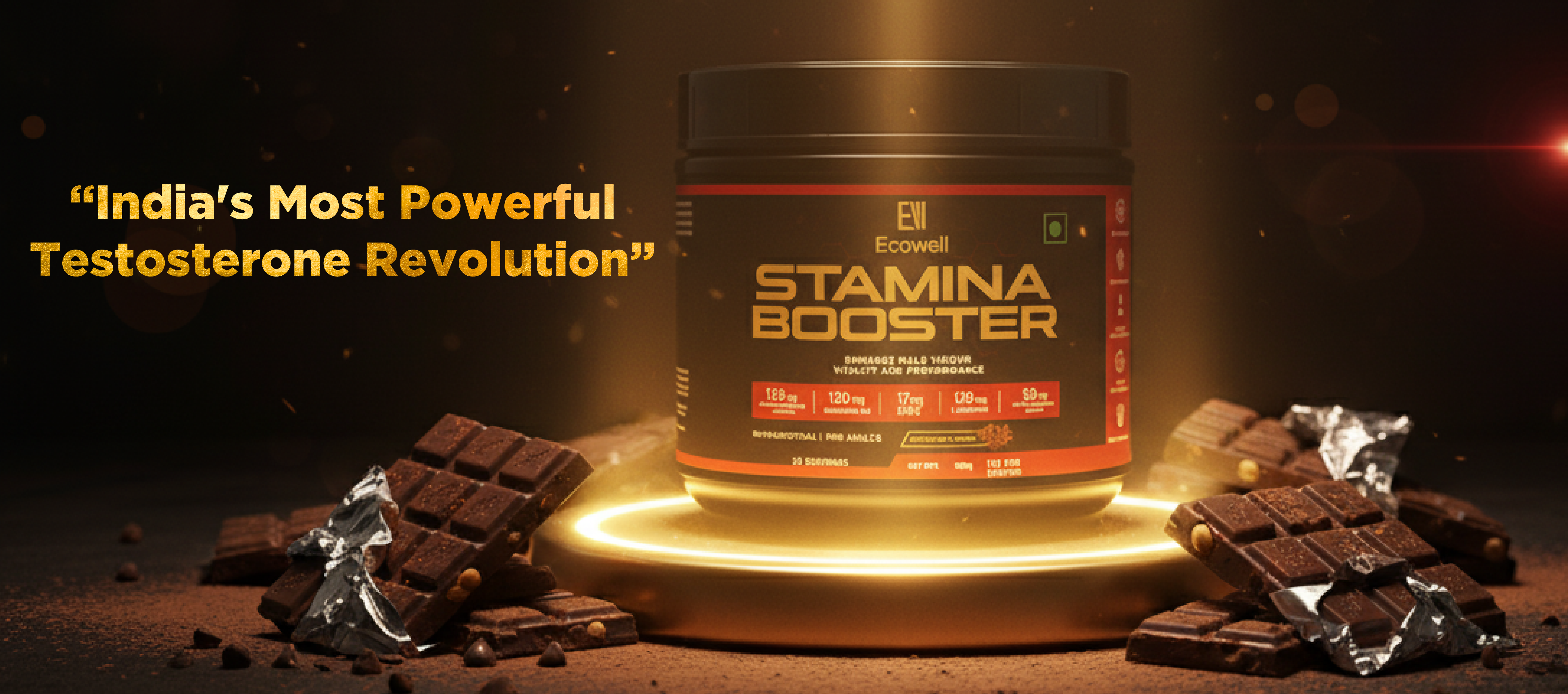 “India's Most Powerful Testosterone Revolution”
Stamina booster container with chocolate pieces on a dark background