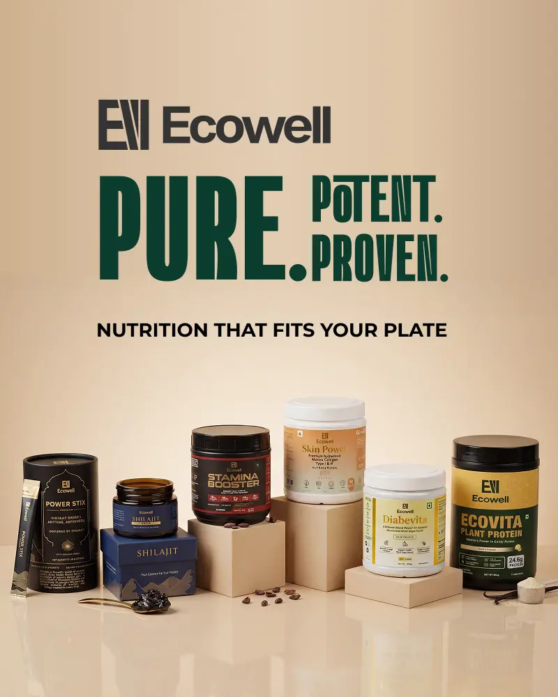 Ecowell health products on a beige background with branding text.