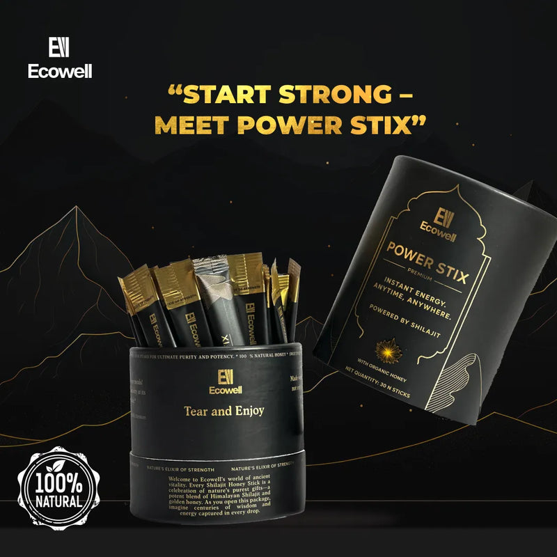 Ecowell Power Stix packaging with text on a dark background