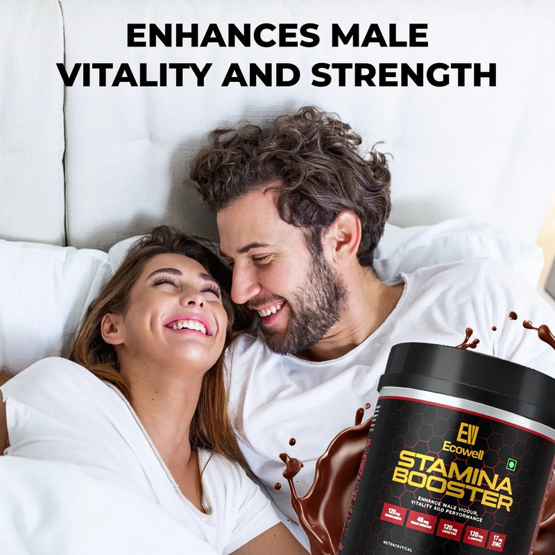 Couple lying in bed with a container of Stamina Booster supplement.