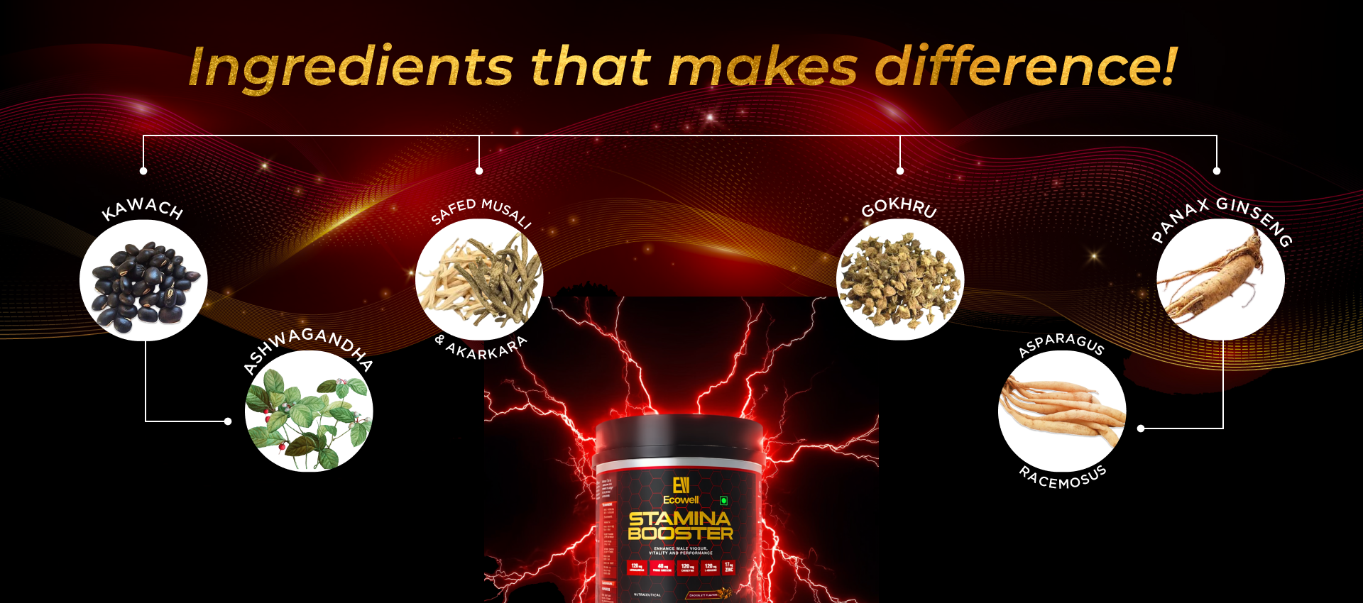 Stamina booster product with ingredients listed on a dark background
Ingredients that makes difference. Kawach (Mucuna Pruriens), Ashwagandha (Withania somnifera), Safed musali & Ankarkara (White Musli or Indian Spider Plant),  Gokhru (Tribulus Terrestris), Shatavari (Asparagus racemosus), Korean Ginseng (Panax Ginseng)